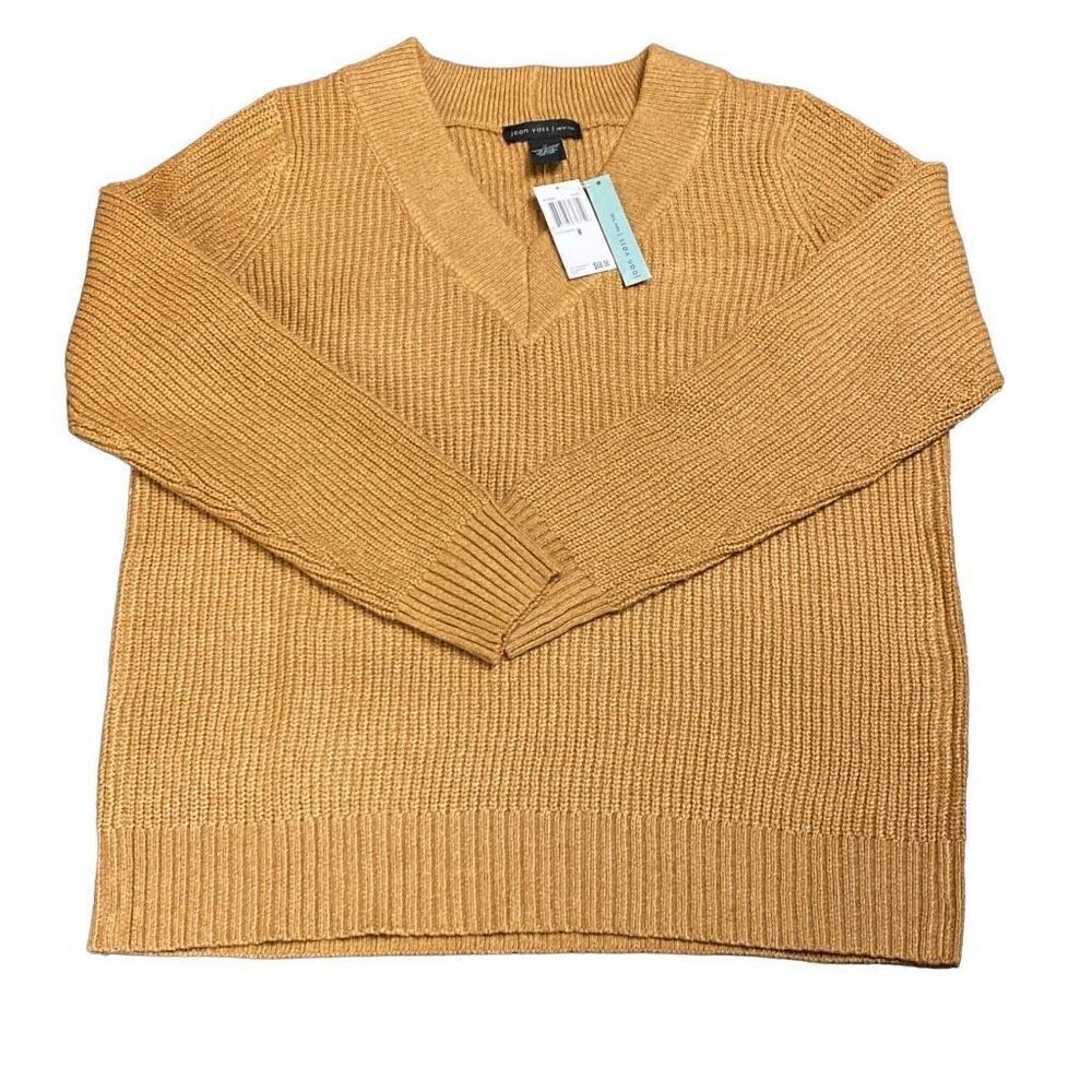 Joan Vass Sweater Long Sleeve Knit V Neck Camel Brown Size Medium NWT